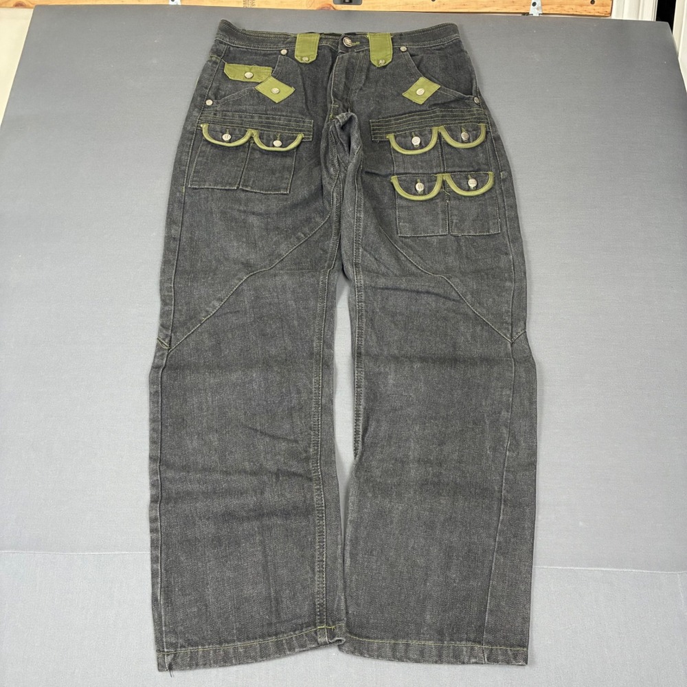 Y2K Evolution in Design Baggy Gray Denim Jeans Men's Size 34x32 Green Pockets